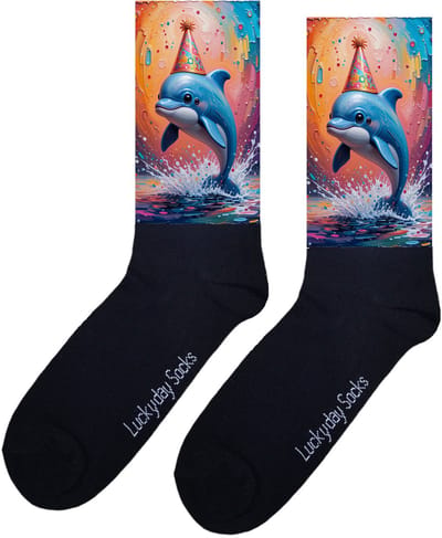 Feest dolfijn - Valentijn sokken - Verjaardag Cadeau - Grappige sokken - Leuke sokken - Hem Haar sokken - Kunst sokken - Vrolijke sokken - Gefeliciteerd - Sinterklaas cadeau - Kerst cadeau - Leuk Cadeau - Socks maken Happy - Maat 37-44