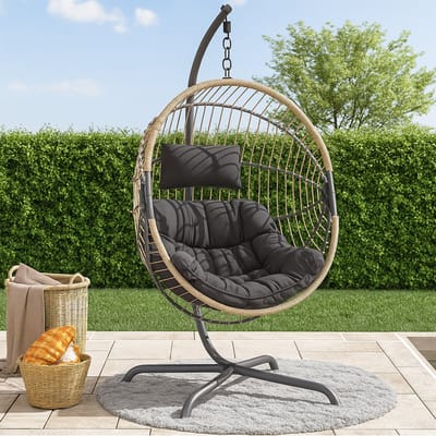 Hangstoel Harmony voor Tuin & Balkon - Bruin Wicker - Opvouwbaar - Zwart Frame - Grijs kussen - Basketmaat 97*68*120cm - Voor Buiten en Binnen