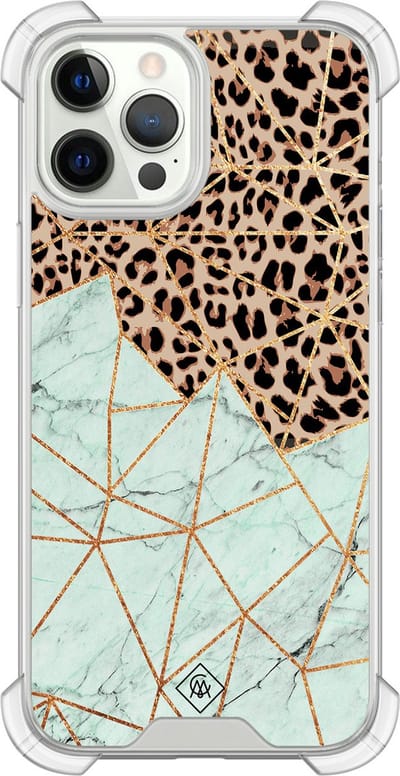 Casimoda® hoesje - Geschikt voor iPhone 12 Pro - Luipaard Marmer Mint - Shockproof case - Extra sterk - Siliconen/TPU - Mint, Transparant