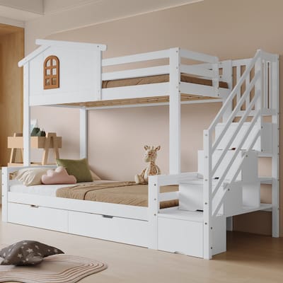 MODENUIT Stapelbed 90x200/120x200 cm – Kinderbed met hoekladderkast – 2 lades op wielen – Zonder matras – Wit/Naturel