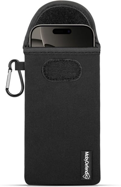 MobyDefend Hoesje - Geschikt voor iPhone 16 Pro - Neopreen Pouch Met Karabijnhaak - Insteek - Riemlus - Zwart