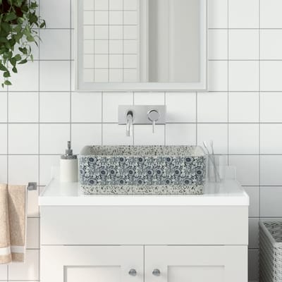 vidaXL - Opzetwasbak - rechthoekig - 46x35,5x13 - cm - keramiek - grijs - en - blauw