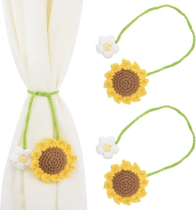 2 stuks Sunflower Curtain Tieback， Window Drape Rope Retainers with Floral Decor Cute Handmade Crochet Curtain Ties for Home office