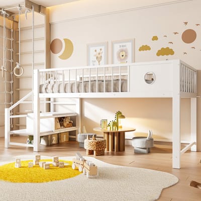 Wishdor Lage Hoogslaper 90x200 cm - Hoogte 85 cm - Kinderbed met Trap - Wit - Inclusief 55 cm Speelruimte - Metaal & MDF