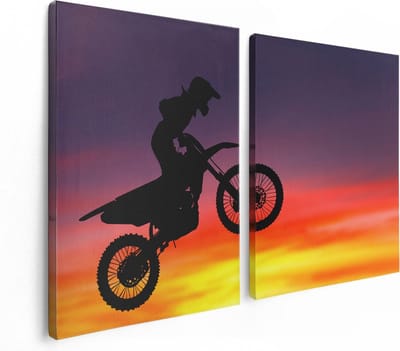 Artaza Canvas Schilderij Tweeluik Silhouet Van Een Motorcross In De Lucht  - 120x80 - Foto Op Canvas - Canvas Print