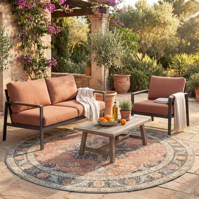 Fraai Rond binnen- en buitenkleed - Kairo Medaillon Terracotta/Donkerblauw - Ø 120cm