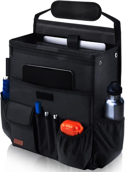 Famanu – Auto-organizer voor voorstoel/bijrijdersstoel - hangende autostoelorganizer voor bestanden - kantoorbenodigdheden - achterbank-organizer voor kinderen met apart vak voor laptop - meerdere vakken - bekerhouder