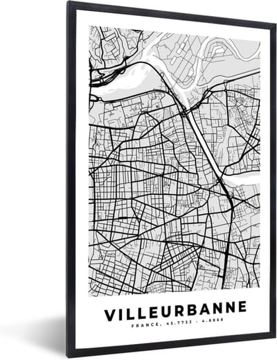 Fotolijst incl. Poster - Frankrijk - Villeurbanne - Stadskaart - Plattegrond - Kaart - 40x60 cm - Posterlijst