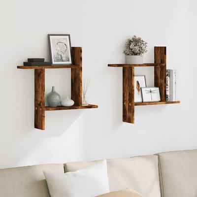 vidaXL - Wandschappen - 2 - st - 50x12x50 - cm - bewerkt - hout - gerookt - eikenkleurig