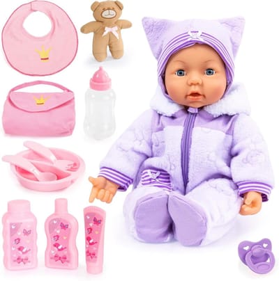 Interactieve Babypop - Poppenkindje Speelgoed - Rollenspel Spelen - Zacht Knuffellichaam - 46 cm - Lila