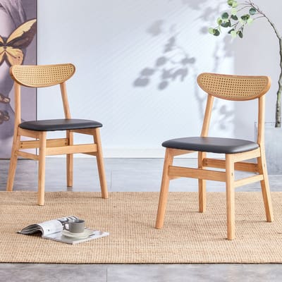 OKWISH Eetkamerstoel – Scandinavisch Design Met Rotan Rugleuning – Set Van 2 – Rubberhout – Houtkleur – Gevoerde Zitting