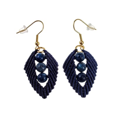 Marineblauwe Micro-Macramé Blad Haakoorbellen met Amerikaanse Stenen, Lange Oorbellen, Verguld RVS, Dames - Handgemaakt