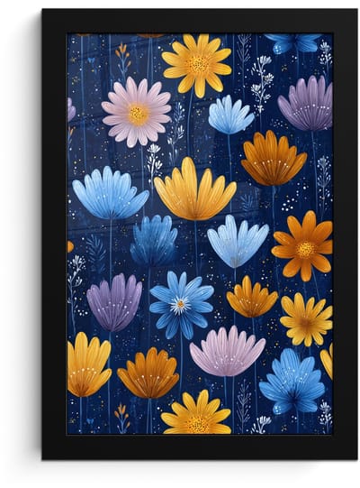 Poster in lijst - Fotolijst 20x30 cm - Posters - Bloemen - Patroon - Blauw - Contrast - Posterlijst zwart - Decoratie - Wanddecoratie woonkamer - Muurdecoratie slaapkamer