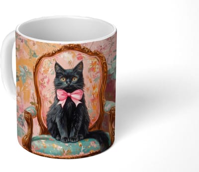 Mok - Koffiemok - Kat - Roze - Stoel met bloemenmotief - Mokken - 350 ML - Beker - Koffiemokken - Theemok
