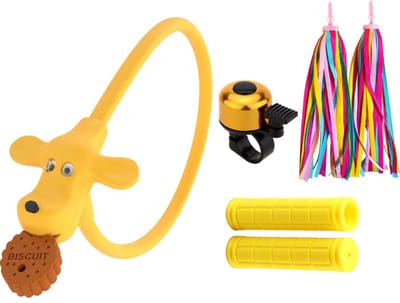 Rieba® Fietsslot 4-delige Set Geel - Kinderslot voor Kinderfiets - Inclusief Fietsbel - Stuurslingers & Handvatten - Accessoires voor Kinderen - Fiets Kind - Geel