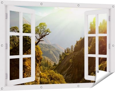 Gards Tuinposter Doorkijk Bos in de Bergen met Zonneschijn - Kleur - 120x80 cm - Tuindoek - Tuindecoratie - Wanddecoratie buiten - Tuinschilderij