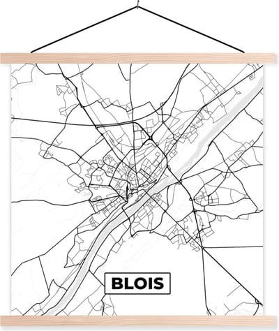 Posterhanger incl. Poster 40x40 cm - Schoolplaat - Stadskaart - Blois - Plattegrond - Kaart - Frankrijk - Zwart wit - Textielposter - Blanke latten - Stadskaart