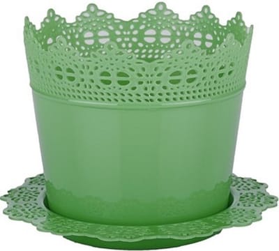 4 Sierlijke bloempotjes met kanteffect groene sierpotten 14cm + gratis schaal