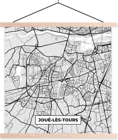 Posterhanger incl. Poster 40x40 cm - Schoolplaat - Joué-lès-Tours – Plattegrond - Frankrijk – Kaart – Stadskaart - Textielposter - Blanke latten - Stadskaart
