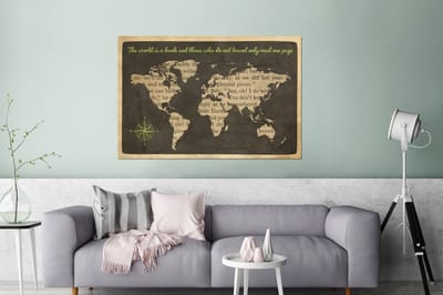 Aluminium schilderij 120x80 cm - Wanddecoratie metaal - Wereldkaart - Quote - Boek - Metalen muurdecoratie woonkamer - Decoratie industrieel - Foto op dibond - Industriële accessoires slaapkamer