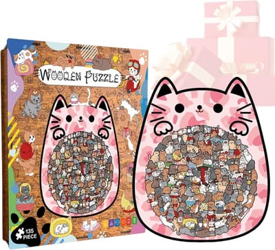 Houten Legpuzzel - Dieren Puzzel - Vroegonderwijs Hobby - Kat Vorm Ontwerp - 28.8 x 25.6 cm