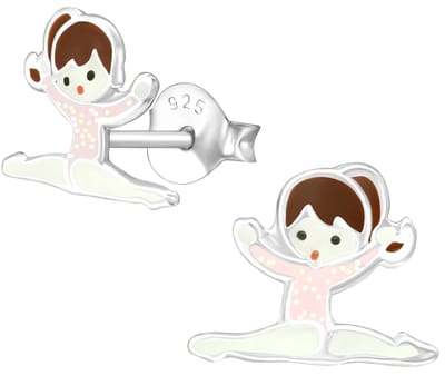 Joy|S - Zilveren ballerina turnster danseres oorbellen - 10 x 8 mm - zacht roze met glitter - oorknoppen