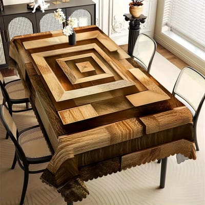 Rustieke Houten Geometrische Print Tafelkleed, Vierkant Plankpatroon met Golvende Rand, Vlekbestendig voor Eetkamer Boerderij Decor 140x140cm