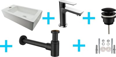 Wiesbaden Fonteinset Rhea S mini met fontein rechts glans wit, Casma kraan, sifon en afvoerplug zwart/chroom