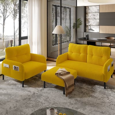 MODFU 3-Delige Zitmeubelset - 2-Zitsbank, Fauteuil En Hocker - Zijvak En Ergonomische Rugleuning - Voor Woonkamer - Cordstof - Geel