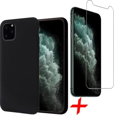 Hoesje geschikt voor iPhone 11 Pro - Screenprotector GlassGuard - Zwart Liquid Siliconen Case