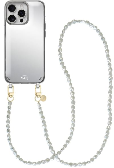 xoxo Wildhearts hoesje met spiegel geschikt voor iPhone 16 Pro Max case - Pearlfection Mirror Case - Lang koord - Siliconen telefoonhoesje met spiegel - Schokbestendig - Parelketting