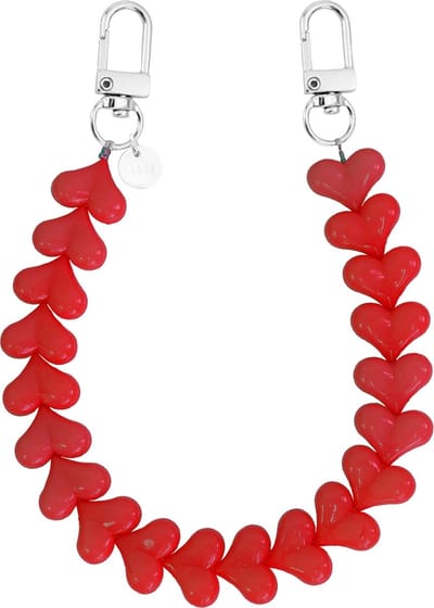 xoxo Wildhearts telefoonkoord - Funky Hearts Charm Cord (red) - Geschikt voor iPhone - Geschikt voor Samsung - Universeel Phone Cord - Telefoonketting - Bedeltje voor telefoon - Telefoonhanger - kralenketting - Ketting met hartjes - Rood