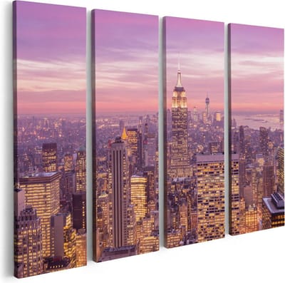 Artaza Canvas Schilderij Vierluik New York Skyline Met Lichten Bij Zonsondergang - 80x60 cm - Wanddecoratie Woonkamer - Schilderijen - Muurdecoratie