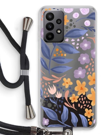 Case Company® - Hoesje met koord geschikt voor Samsung Galaxy A23 hoesje met Koord - Flowers with blue leaves - Telefoonhoesje met Zwart Koord - Bescherming aan alle Kanten en Over de Schermrand