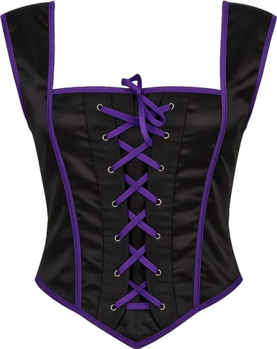 Zwarte Satijnen Corset Top met Paarse Accenten – Vetersluiting – Feest & Verkleed