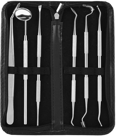 Tandarts Setje - 6-Delige set - Tandsteen Verwijderaar - RVS - Tandsteenverwijderaars - Tandartshaakje - Incl Haakje en Spiegel - Tandenreiniger - Tandarts spiegel - Geschikt voor mondverzorging - 18.3*6.6*2cm - Zilver