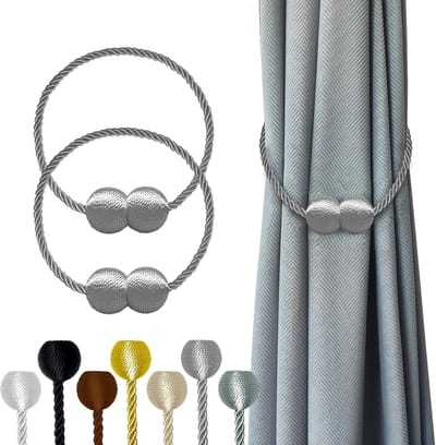 Magnetische gordijnbinders 4-pack, lengte 47 cm, gordijnbinders gespen houders haken clip voor thuis slaapkamer kantoor decoratieve dikke of dunne gordijnen (Zilvergrijs)