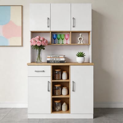 KOMHTOM - Moderne keukenkast - Hoogglansdeuren - Metalen handgrepen - Verstelbare planken - Lades - Open opbergruimte - Kantelbeveiliging - 105x45x185 cm - Wit