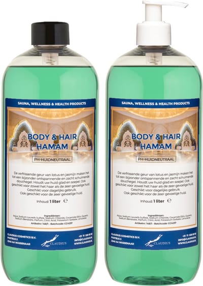 Body & Hair Hamam 1 liter met witte pomp - set van 2 stuks - 2 in 1 voor lichaam en haar - voordeelverpakking
