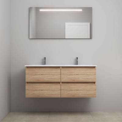 On-Line Badkamermeubelset - 120 cm - Voorgemonteerd - Porseleinen Wastafel - 2 Kraangaten - Spiegel met LED-Verlichting - Eiken