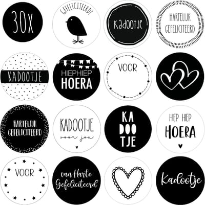 30x Stickers / Cadeaustickers / Sluitstickers | MIX | zwart & wit | hoera / gefeliciteerd / kadootje | 35 mm