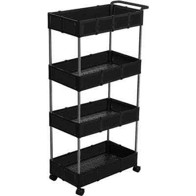 Chariot utilitaire roulant multifonctionnel à 4 couches avec paniers détachables, chariot de rangement à 4 crochets avec 4 Layer noir