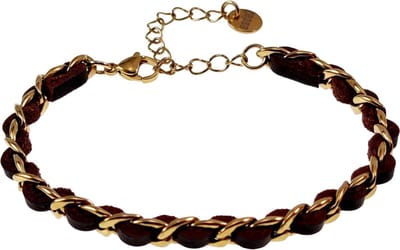18cm tot 24cm x 6,5mm Cubaanse Armband Dames - Verguld RVS - Schakelsarmband met Donkerbruin Leer - Verstelbaar