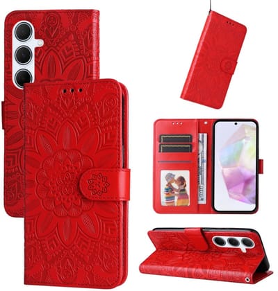 PU BoekCover Hoes Etui geschikt voor Samsung Galaxy A37 - A36 - A56 Rood - Bloem-Motief in Reliëf