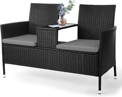 Tuinbank met Tafel en Kussens, Luxe 2-Zits Buitenbank Polyrattan Zwart