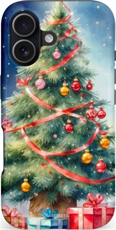 Casetastic hoesje geschikt voor Apple iPhone 17 - MagSafe - Dubbellaagse bescherming - Aquarel Kerstboom Cadeau - Fashion Case - Grijs Donkerblauw Saliegroen Beige