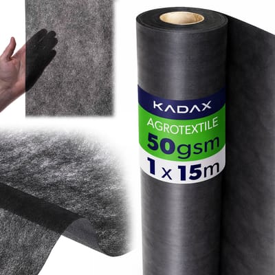 KADAX Unkrautvlies 1 x 15 m, 50 g/m², Schwarz Gartenvlies aus Polypropylen, Wasserdurchlässig Mulchvlies gegen Unkraut, Unkrautfolie für Garten, Pflanzfolie