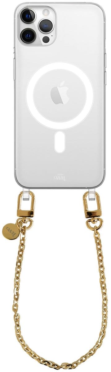 xoxo Wildhearts magnetisch hoesje geschikt voor iPhone 12 Pro Max MagSafe - Dreamy - Transparant telefoonhoesje met koord - Telefoonkoord - Gouden schakelketting - Kort koord