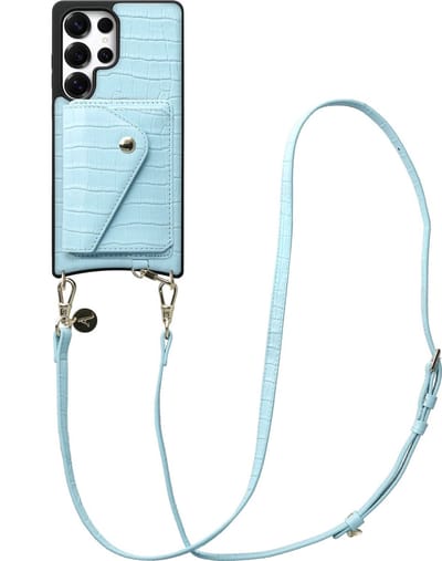 AVY Leren Hoesje geschikt voor Samsung Galaxy S25 Ultra | Met Koord en Kaarthouder | Compatibel met MagSafe | Leather Case met Crossbody Koord & Wallet | Long Leather | Croco Blauw
