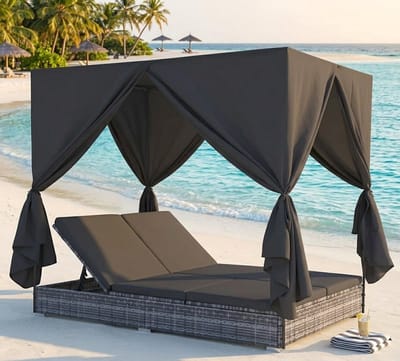 Luxury Poly Rattan Lounge Sunbed with Curtains and 7 Adjustable Positions – 2-Person Garden Sunbed with Cushions and Weatherproof PE Rattan – Outdoor Relax Lounger for Garden, Patio, and Balcony – ...